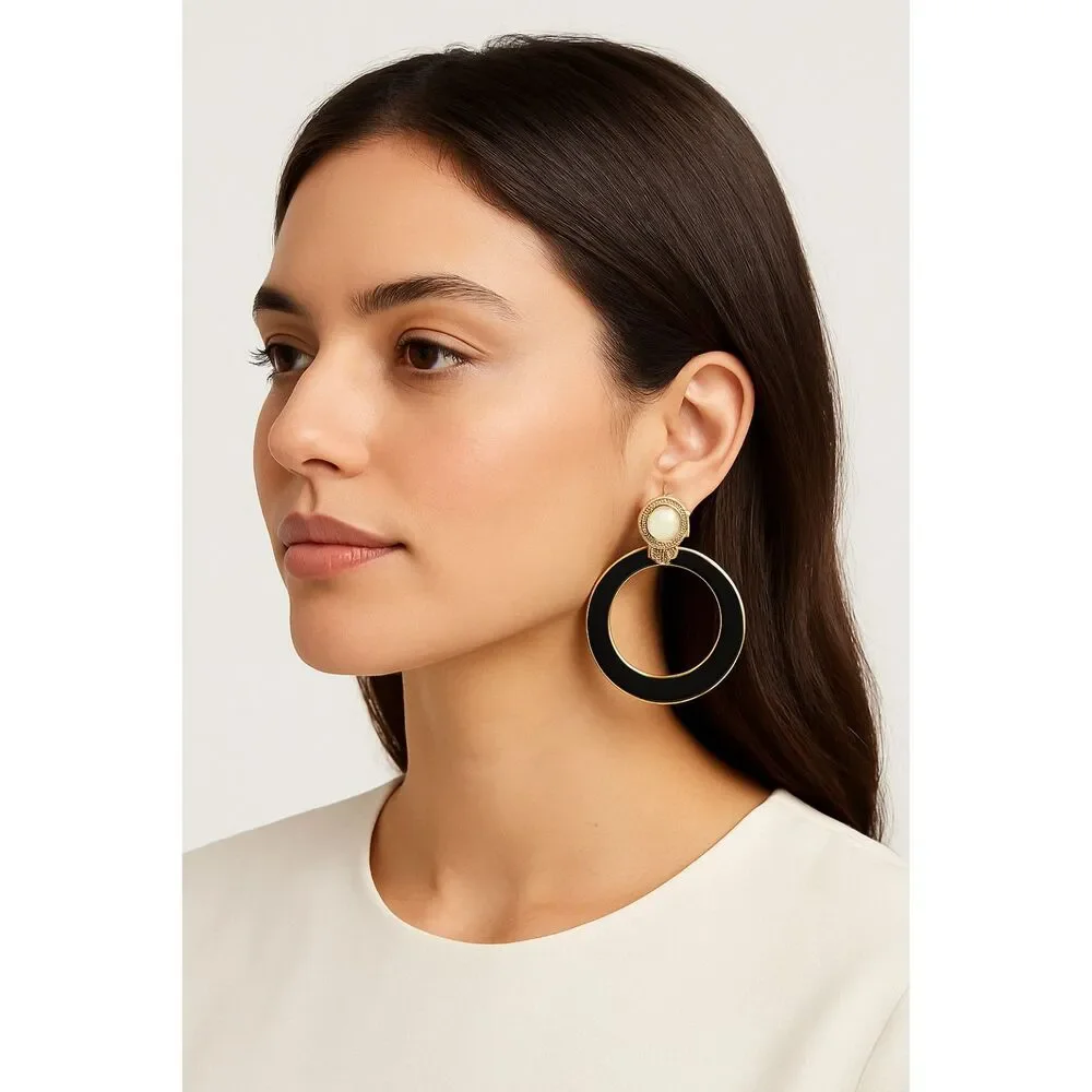 Aurum Clad Enamel Large Hoop Earrings – Black & Cream Statement Jewelry
